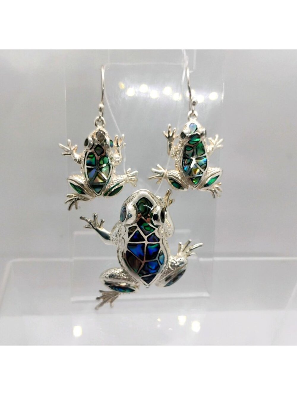 Sterling Silver Mosaic Abalone Frog Jewelry Set Pendant & Dangle Earrings